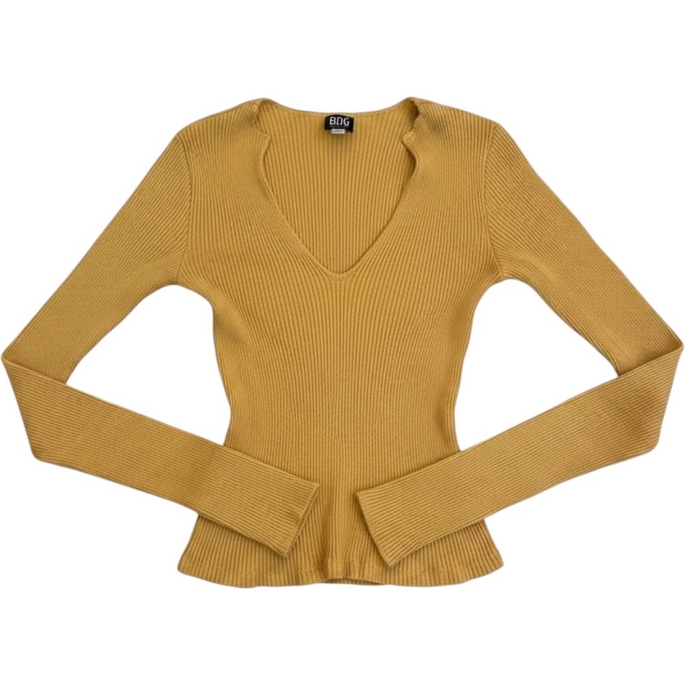 BDG Ribbed Long Sleeve V-Neck Top Women XS Mustard Yellow Excellent Lettuce Trim
